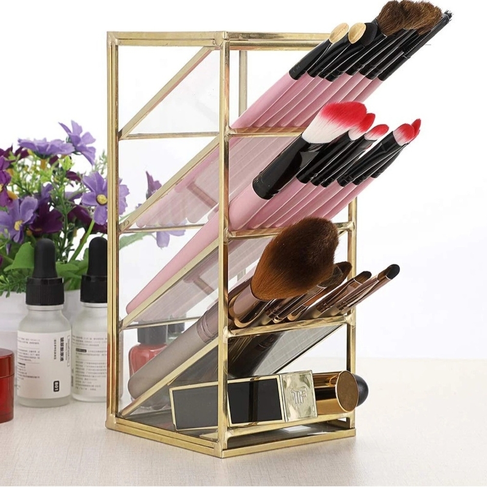 Hipiwe Vintage Gold Metal Desk Organizer - Glass Make up Brushes lipstick Hol... - Picture 2 of 12